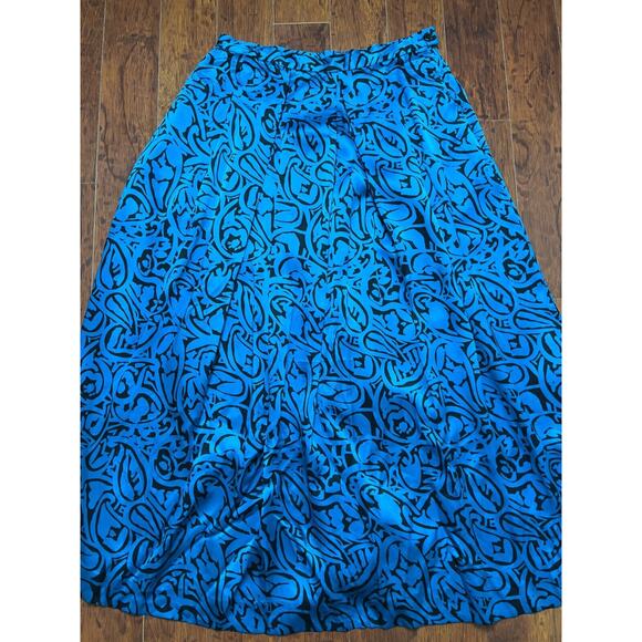 80s Silk Blue Black Leaf Block Boho Tribal Print Midi Skirt Modern Sz 4 - Picture 5 of 5